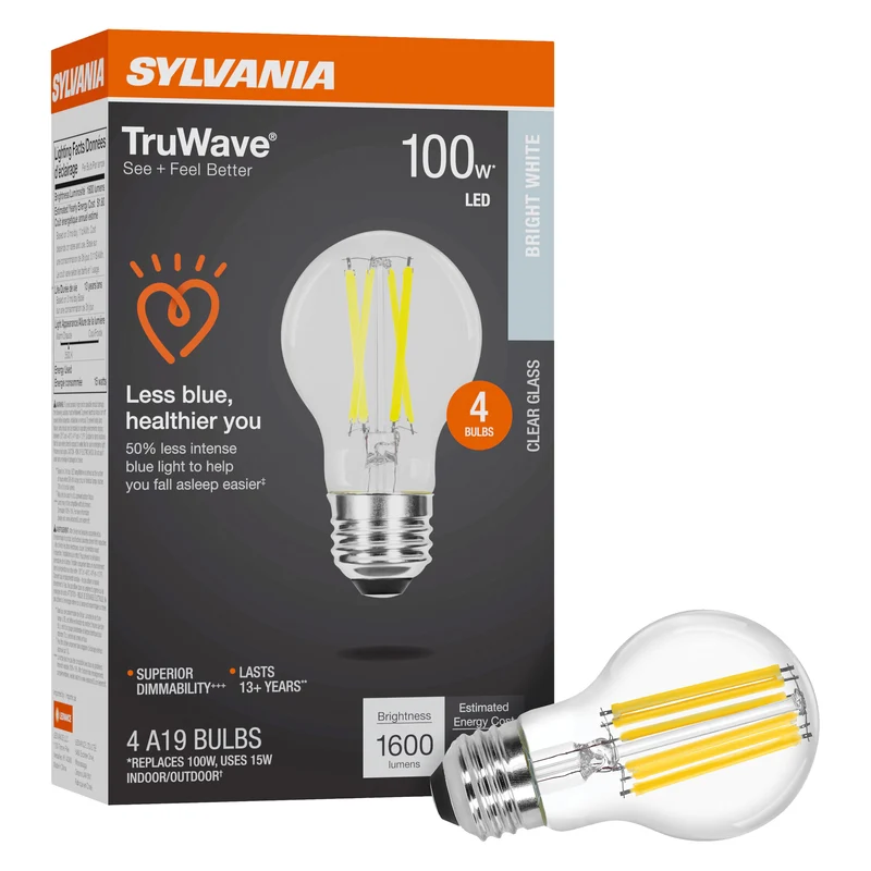 SYLVANIA LED TruWave A19 Light Bulb, 100W = 15W, 1600 Lumens, Medium Base, Dimmable, Clear, 3500K, Bright White - 4 PK