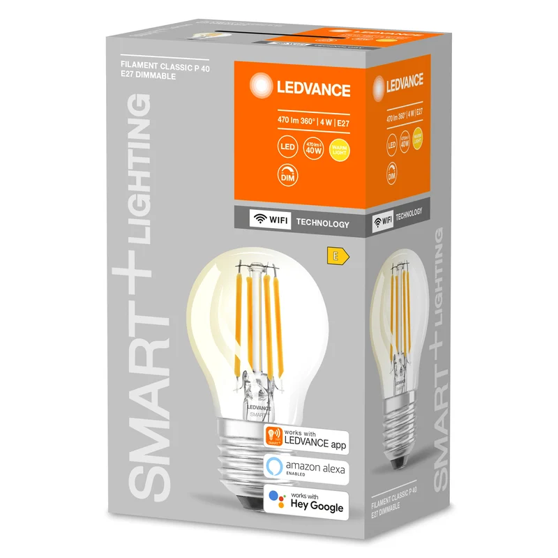 LEDVANCE SMART+ WiFi Filament Mini Bulb Dimmable , LED-Lampe, Bleifreies Glas, Klar, 4 W, (ex 40 W), 470 lm, Warmweiß, 2700 K, Wifi, Smartspeaker-Kompatibel, Dimmbar