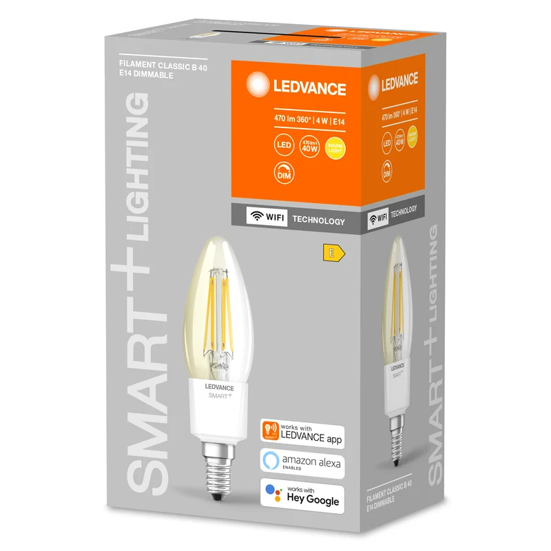LEDVANCE SMART+ WiFi Filament Candle Dimmable , LED-Lampe, Bleifreies Glas, Klar, 4 W, (ex 40 W), 470 lm, Warmweiß, 2700 K, Wifi, Smartspeaker-Kompatibel, Dimmbar