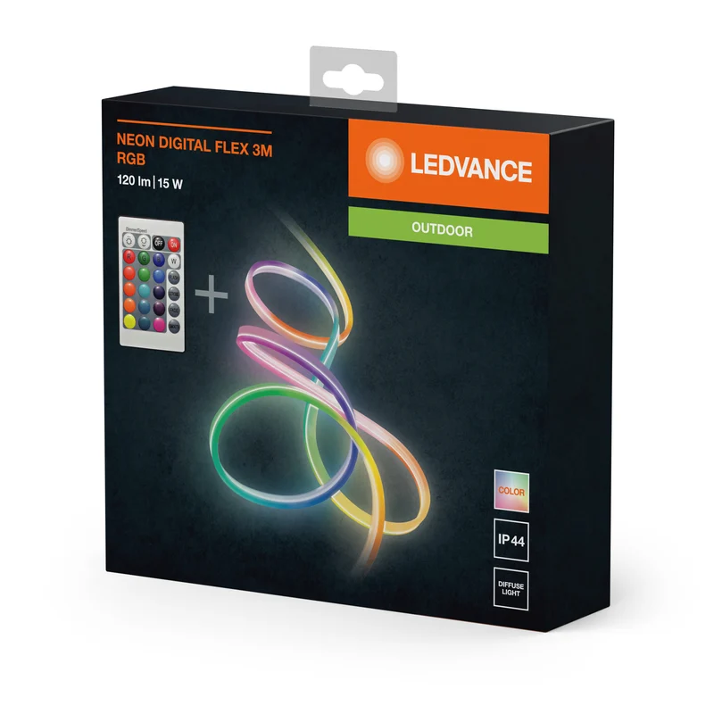 LEDVANCE Neon Digital Flex mehrfarbige Outdoor-LED-Strips 3M RGB + RC aus Silikon, IP44-Schutz, indirekte und direkte Beleuchtung für Garten und Balkon