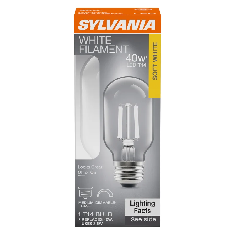 SYLVANIA T14 Clear LED White Filament Bulb, 3.5W, Dimmable, 300 Lms, Medium Base, 2700K, Soft White - 1 PK