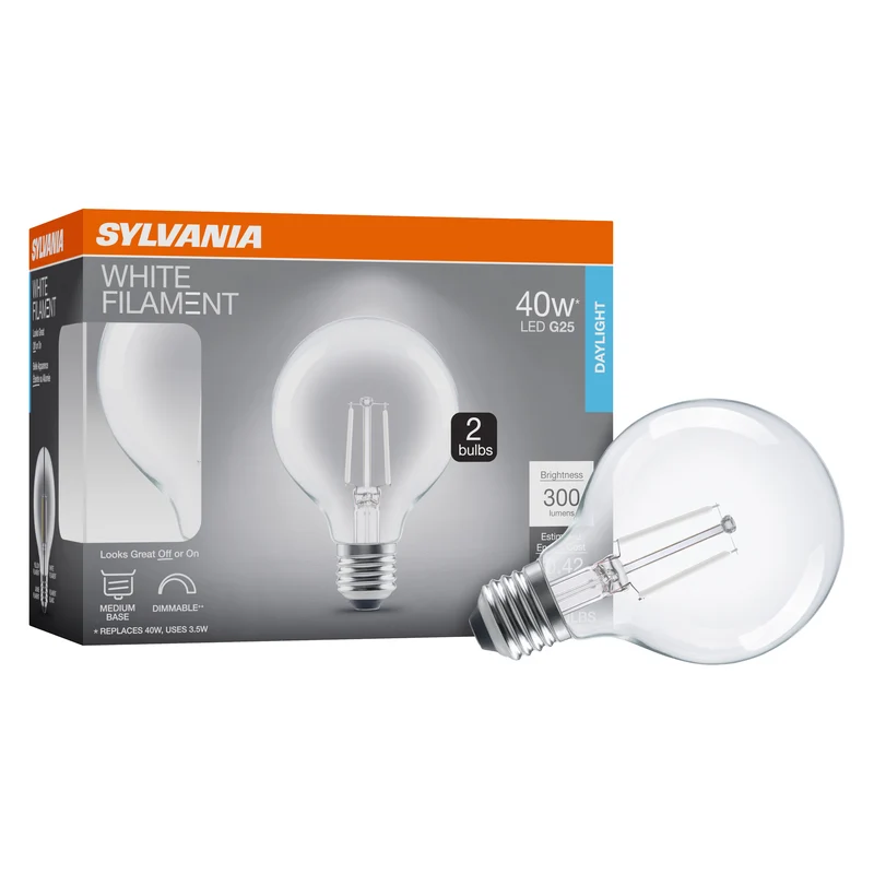 SYLVANIA G25 Clear Globe LED White Filament Bulb, 3.5W, Dimmable, 300 Lms, Medium Base, 5000K, Daylight - 2 PK