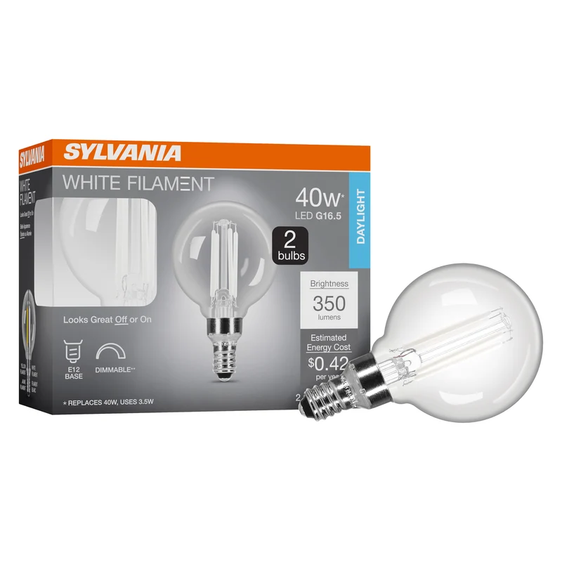 SYLVANIA G16.5 Clear Globe LED White Filament Bulb, 3.5W, Dimmable, 350 Lms, Candelabra Base, 5000K, Daylight - 2 PK