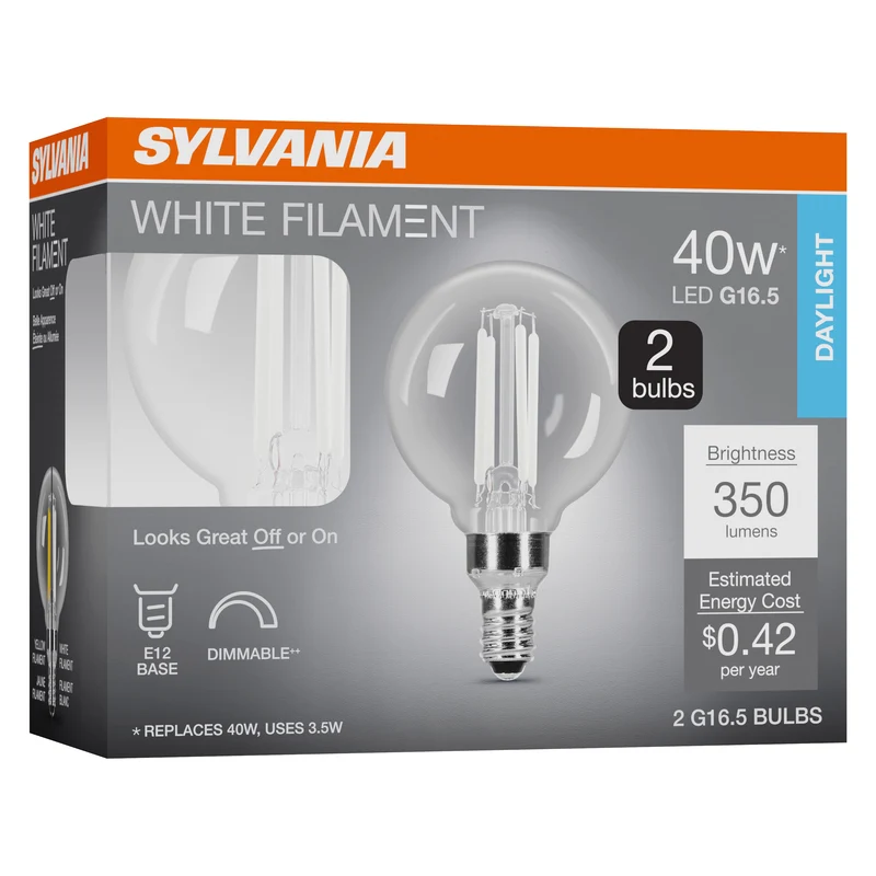 SYLVANIA G16.5 Clear Globe LED White Filament Bulb, 3.5W, Dimmable, 350 Lms, Candelabra Base, 5000K, Daylight - 2 PK
