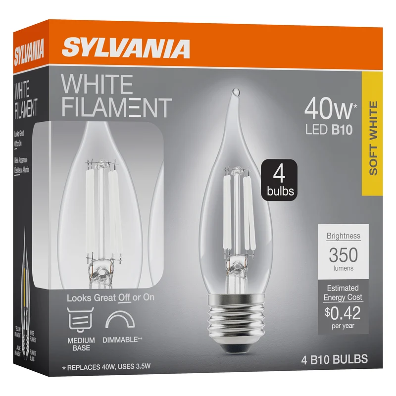 SYLVANIA B10 Clear LED White Filament Bulb, 3.5W, Dimmable, 350 Lms, Medium Base, 2700K, Soft White - 4 PK