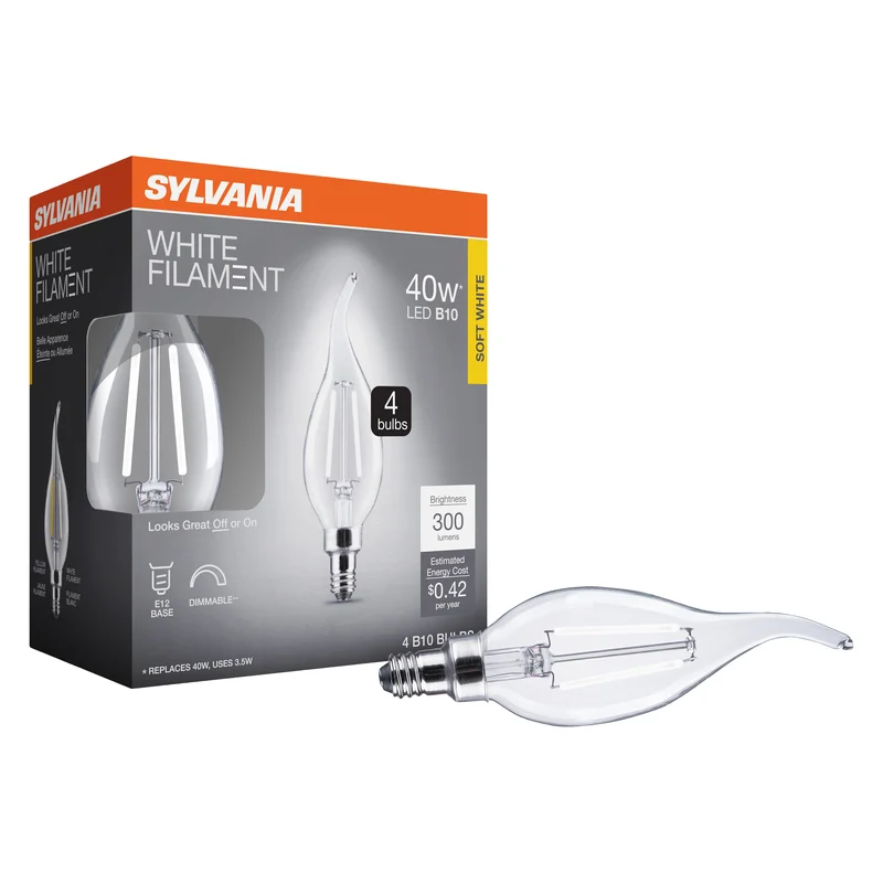 SYLVANIA B10 Clear LED White Filament Bulb, 3.5W, Dimmable, 300 Lms, Candelabra Base, 2700K, Soft White - 4 PK