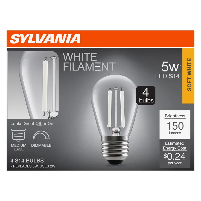 SYLVANIA S14 Clear LED White Filament Bulb, 2W, Dimmable, 150 Lms, Medium Base, 2700K, Soft White - 4 PK