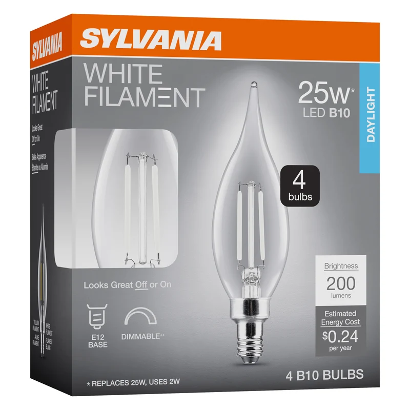 SYLVANIA B10 Clear LED White Filament Bulb, 2W, Dimmable, 200 Lms, Candelabra Base, 5000K, Daylight - 4 PK