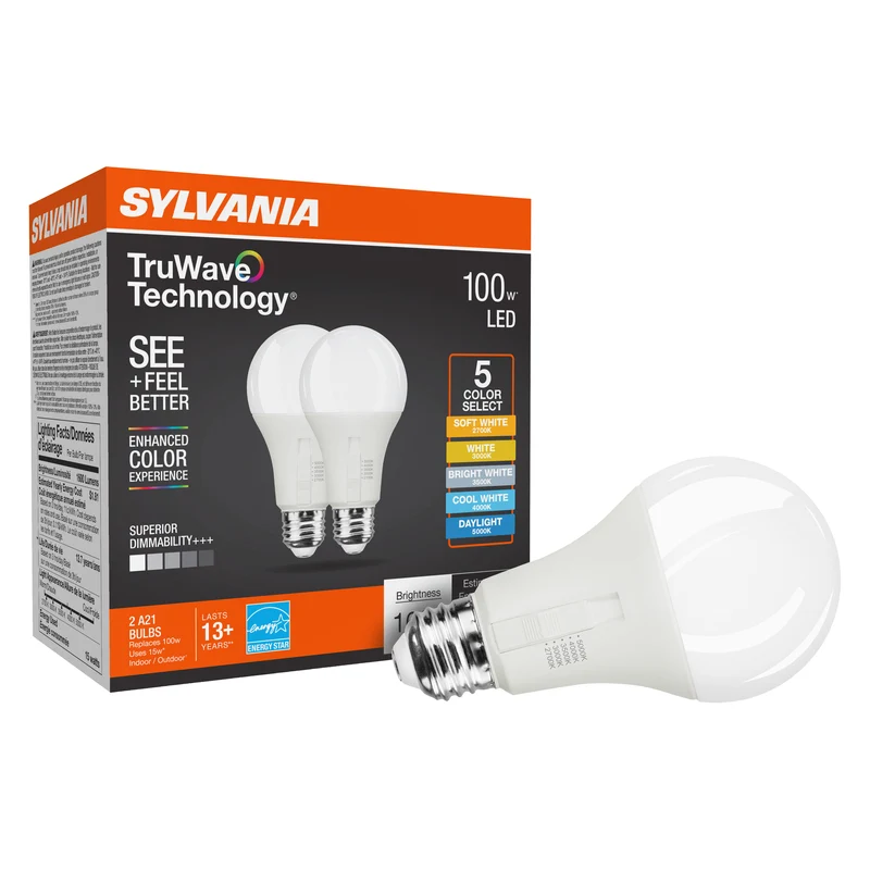 SYLVANIA TruWave A21 LED Light Bulb, 15W = 100W, 5 CCT Select 2700 / 3000 / 3500 / 4000 / 5000K, Dimmable, 1600 lms, Frosted Finish - 2 PK