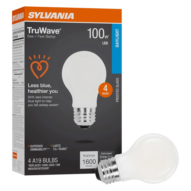 SYLVANIA LED TruWave A19 Light Bulb, 100W = 15W, 1600 Lumens, Medium Base, Dimmable, Frosted, 5000K, Daylight - 4 PK