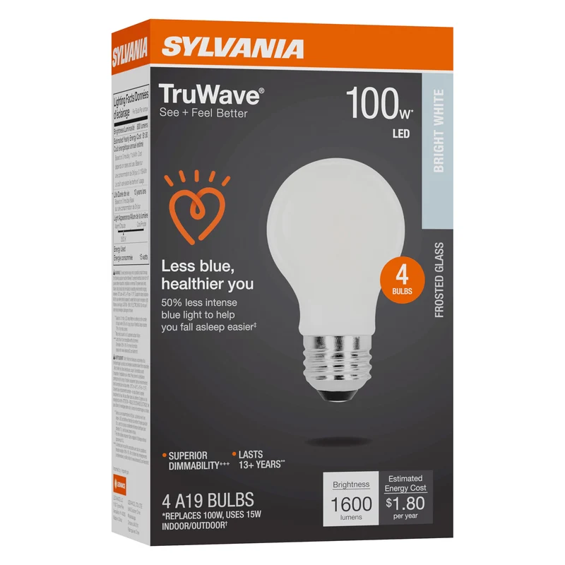 SYLVANIA LED TruWave A19 Light Bulb, 100W = 15W, 1600 Lumens, Medium Base, Dimmable, Frosted, 3500K, Bright White