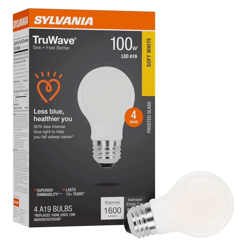SYLVANIA LED TruWave A19 Light Bulb, 100W = 15W, 1600 Lumens, Medium Base, Dimmable, Frosted, 2700K, Soft White