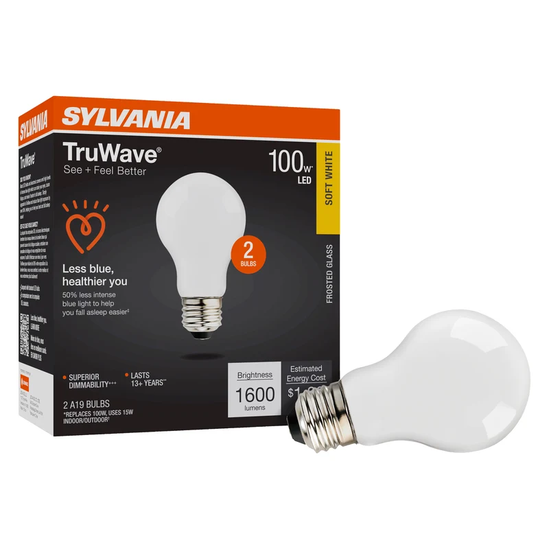 SYLVANIA LED TruWave A19 Light Bulb, 100W = 5W, 1600 Lumens, Medium Base, Dimmable, Frosted, 2700K, Soft White