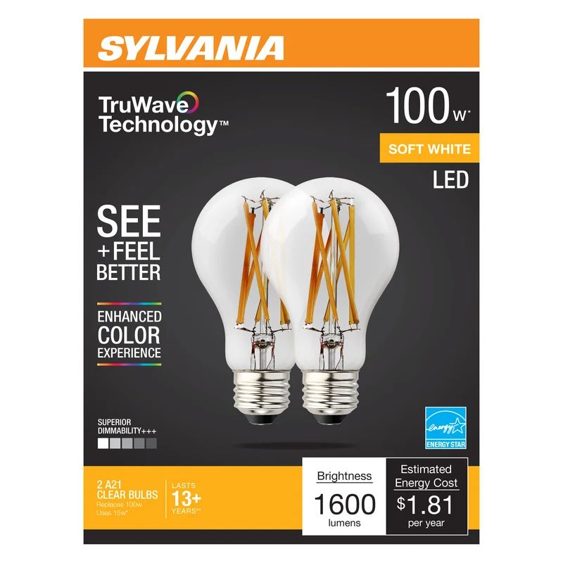 SYLVANIA LED TruWave A19 Light Bulb, 100W = 15W, 1600 Lumens, Medium Base, Dimmable, Clear, 2700K, Soft White
