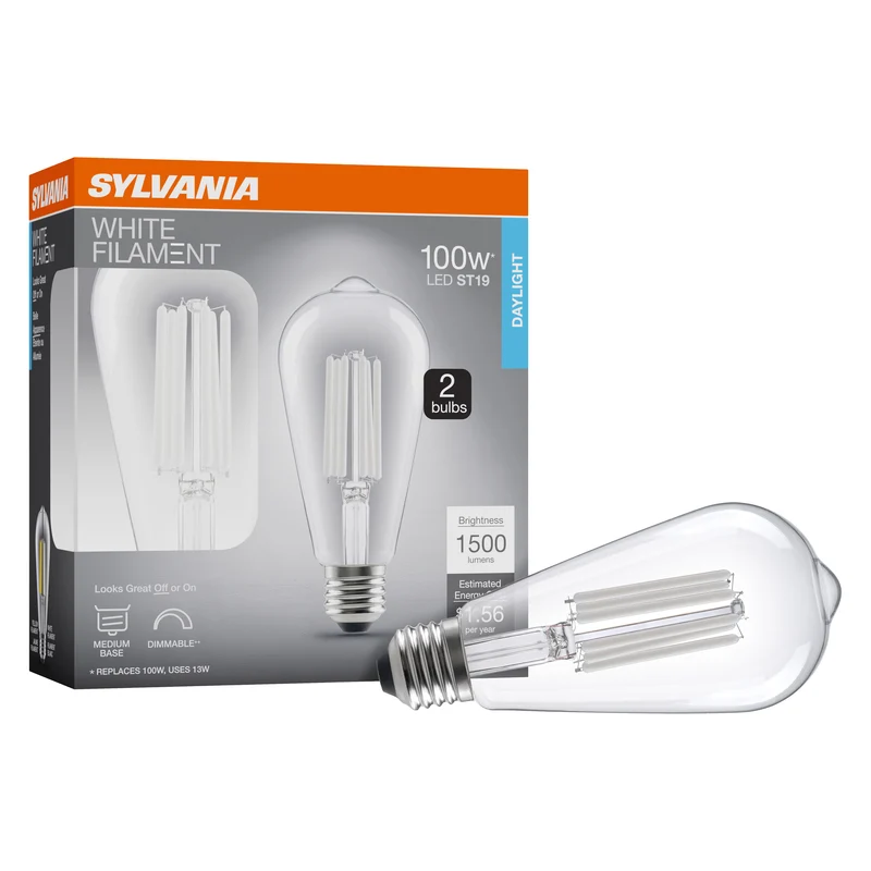SYLVANIA ST19 Clear LED White Filament Bulb, 13W, Dimmable, 1500 Lms, Medium Base, 5000K, Daylight