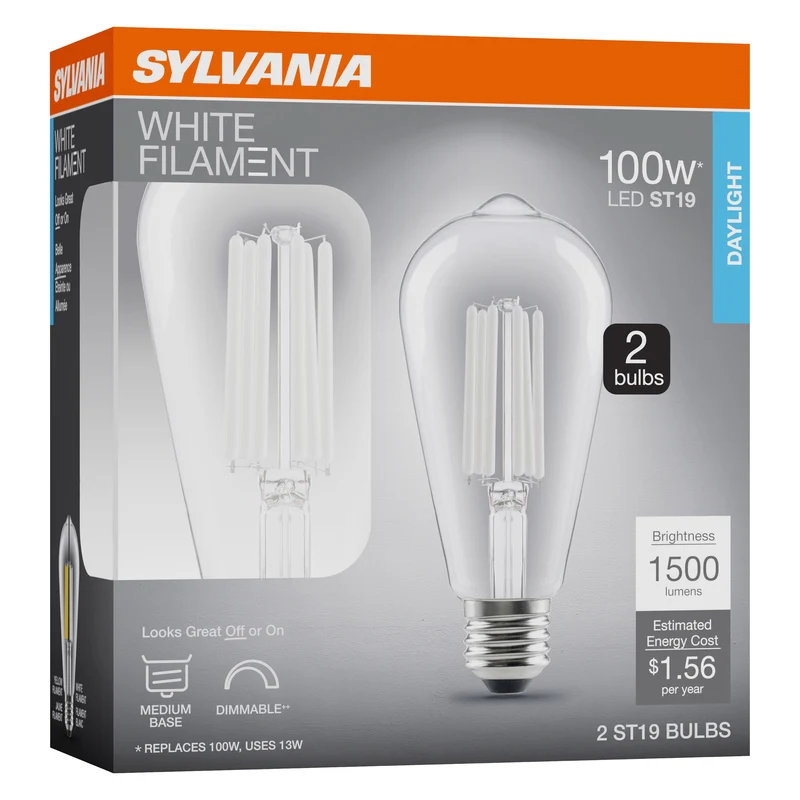 SYLVANIA ST19 Clear LED White Filament Bulb, 13W, Dimmable, 1500 Lms, Medium Base, 5000K, Daylight