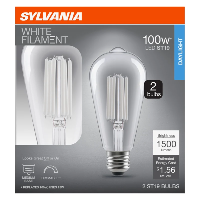 SYLVANIA ST19 Clear LED White Filament Bulb, 13W, Dimmable, 1500 Lms, Medium Base, 5000K, Daylight