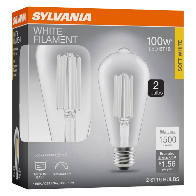 SYLVANIA ST19 Clear LED White Filament Bulb, 13W, Dimmable, 1500 Lms, Medium Base, 2700K, Soft White