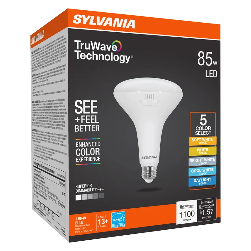 SYLVANIA TruWave BR40 LED Light Bulb, 13W = 85W, 5 CCT Select 2700 / 3000 / 3500 / 4000 / 5000K, Dimmable, 1100 lms, Frosted Finish