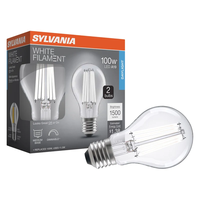SYLVANIA A19 Clear LED White Filament Bulb, 11.5W, Dimmable, 1500 Lms, Medium Base, 5000K, Daylight
