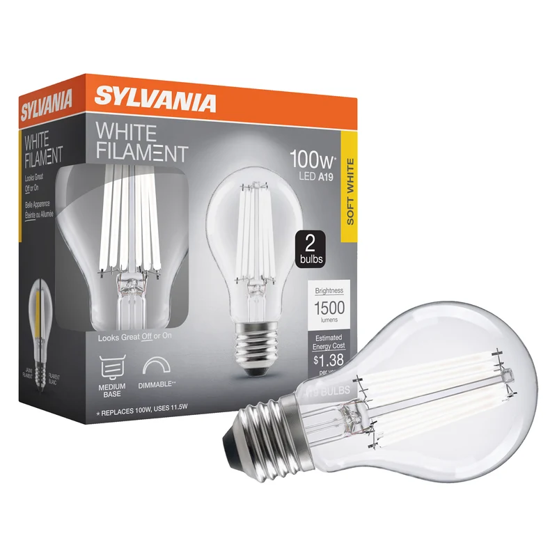 SYLVANIA A19 Clear LED White Filament Bulb, 11.5W, Dimmable, 1500 Lms, Medium Base, 2700K, Soft White