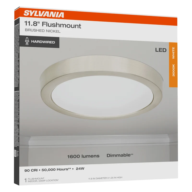 SYLVANIA 12" Flush Mount LED Fixture, 24W, 90 CRI, 1600 Lms, Hardwired, 3000K, Brushed Nickel