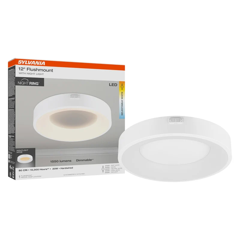 SYLVANIA 12" Flushmount 20W LED Light with Night Light, 2 Function, 5 CCT Select (2700K - 5000K), 1550 / 50 Lms, 80 CRI, Dimmable