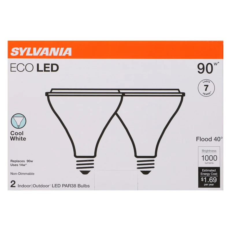 SYLVANIA ECO LED PAR38 Light Bulb, 90W = 14W, 7 Year, Non-Dimmable, 1000 Lms, Clear, 4000K, Cool White – 2 PK