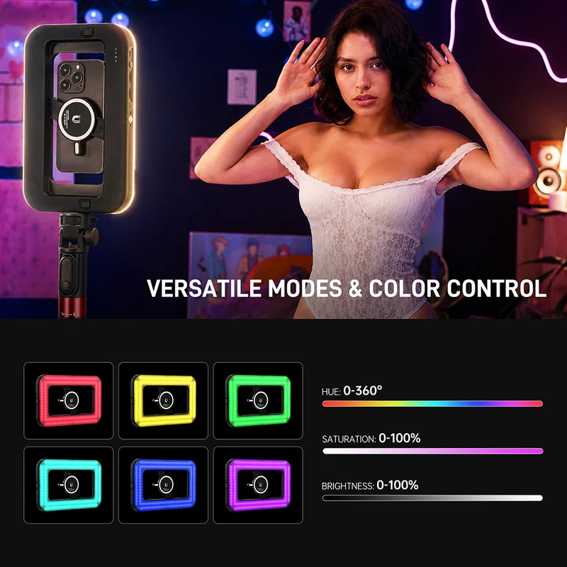 GVM TL-S4RGB-SET1 Portable Full-Color Magnetic LED Ring Light Selfie Stick Tripod