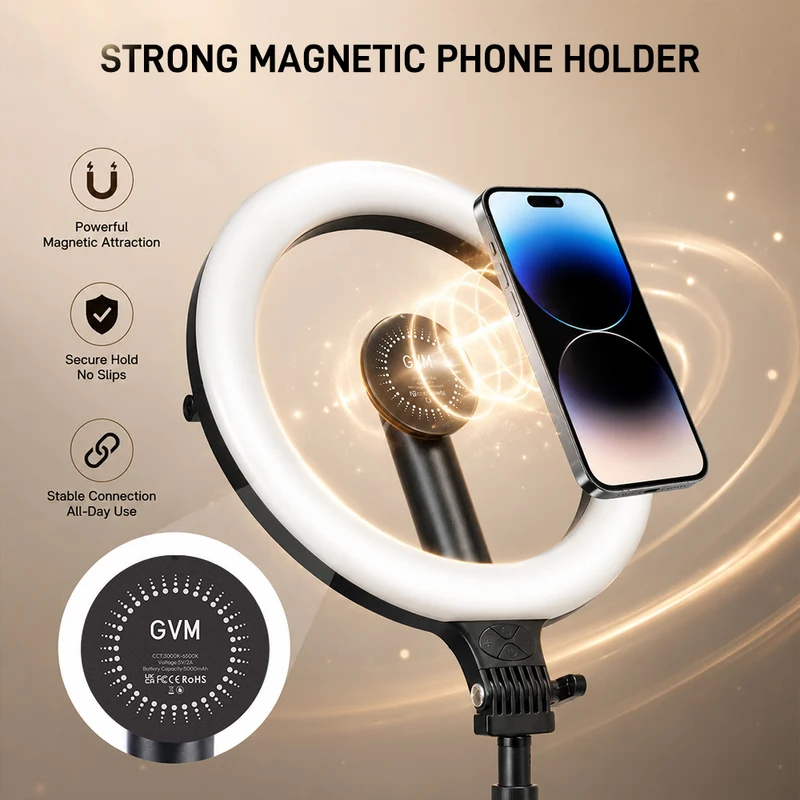 GVM ZD-36C Foldable LED Ring Light with Magnetic Phone Mount, Rechargeable Desktop Light for TikTok, Streaming & Makeup
