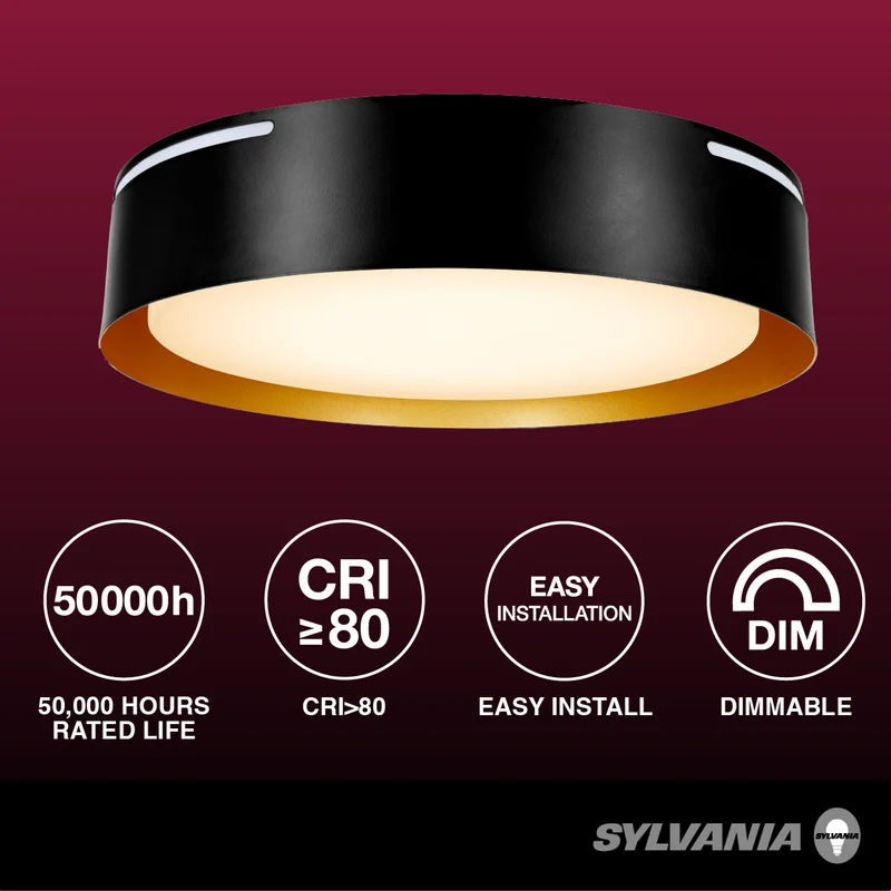 SYLVANIA 13" Flushmount Ceiling Light Luminaire, 42.5W, 5 CCT 2700/3000/3500/4000/5000K, Dimmable, 1400 lms, Black / Gold - 1 Pack (63469)