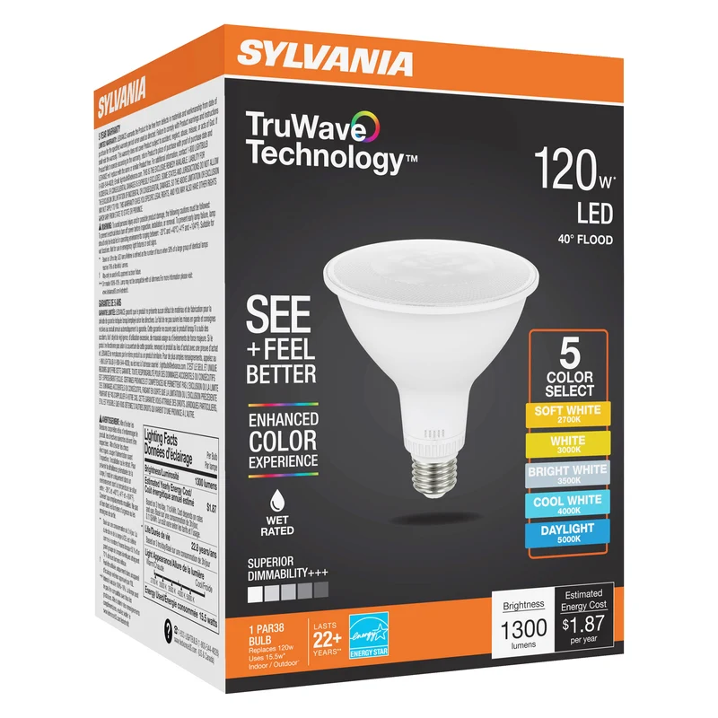 SYLVANIA TruWave PAR38 LED Light Bulb, 15.5W = 120W, 5 CCT Select 2700 / 3000 / 3500 / 4000 / 5000K, 40-Degree Angle, Dimmable, 1300 lms, Clear Finish - 1 PK