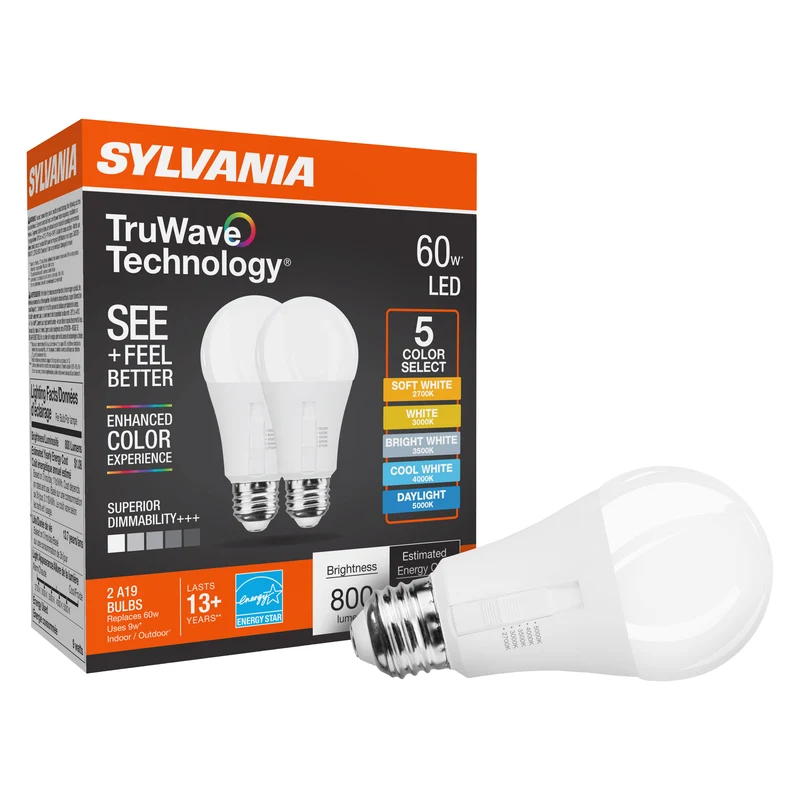 SYLVANIA TruWave A19 LED Light Bulb, 9W = 60W, 5 CCT Select 2700 / 3000 / 3500 / 4000 / 5000K, Dimmable, 800 lms, Frosted Finish - 2 PK