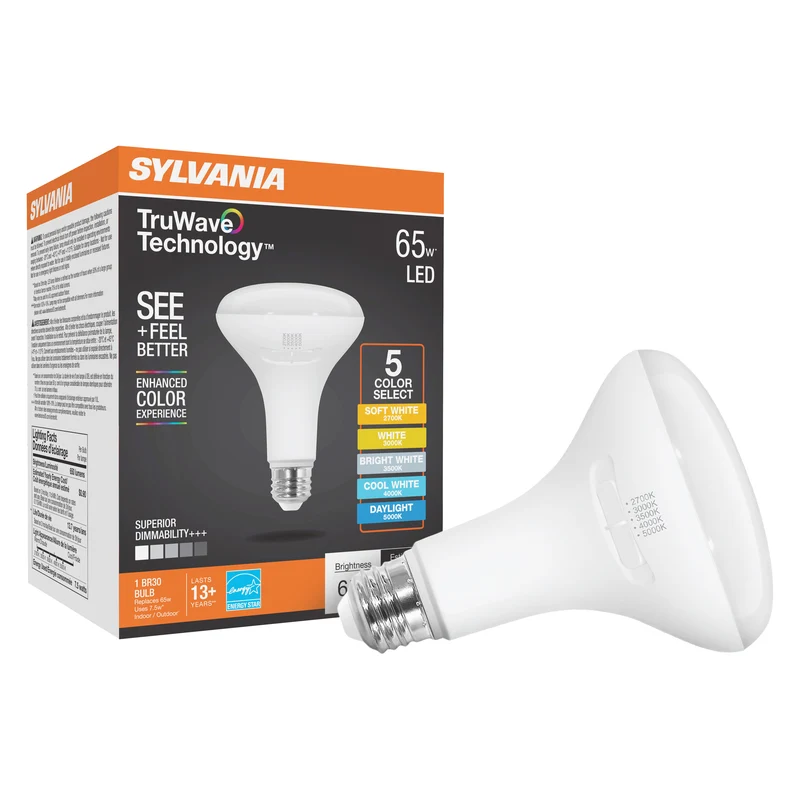 SYLVANIA TruWave BR30 LED Light Bulb, 7.5W = 65W, 5 CCT Select 2700 / 3000 / 3500 / 4000 / 5000K, Dimmable, 650 lms, Frosted Finish - 1 PK