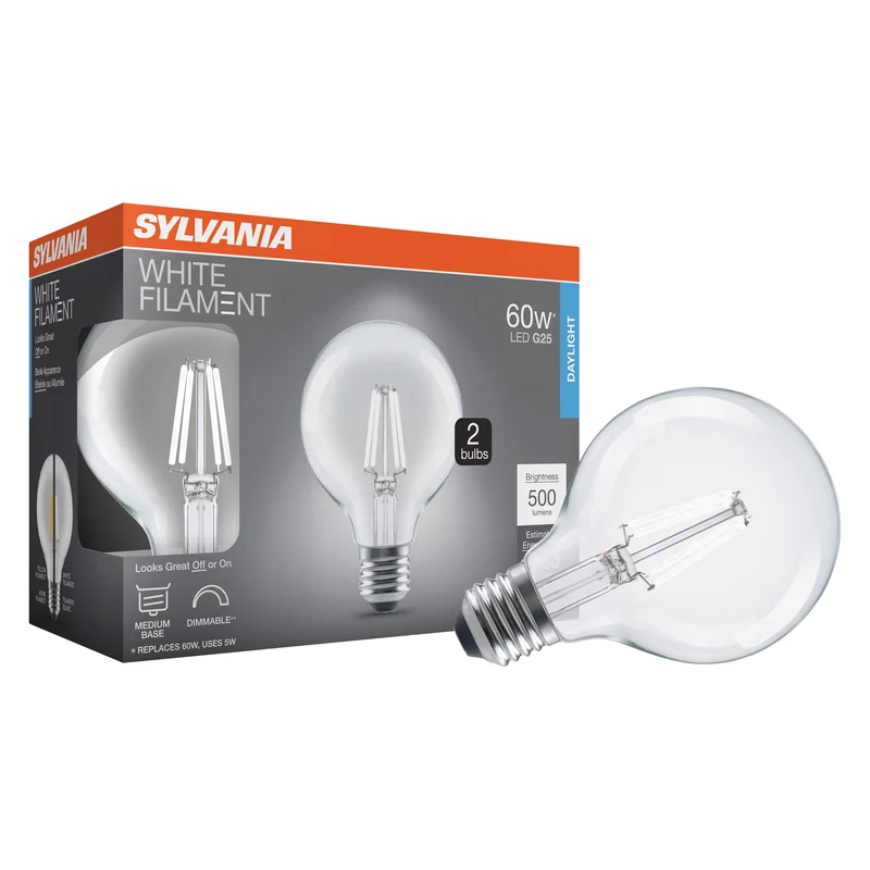 SYLVANIA G25 Clear Globe LED White Filament Bulb, 5W, Dimmable, 500 Lms, Medium Base, 5000K, Daylight - 2 PK