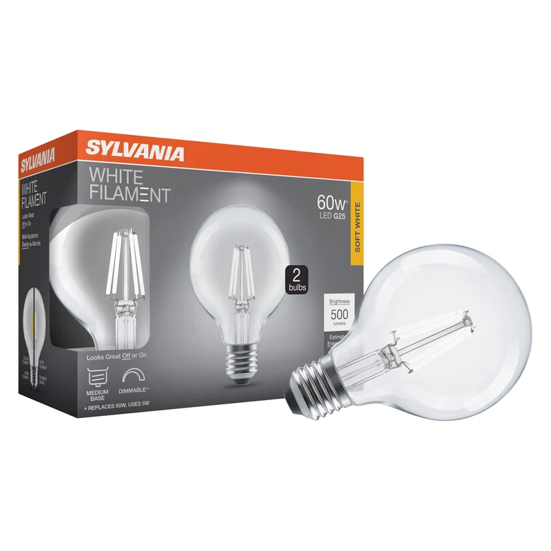 SYLVANIA G25 Clear Globe LED White Filament Bulb, 5W, Dimmable, 500 Lms, Medium Base, 2700K, Soft White - 2 PK