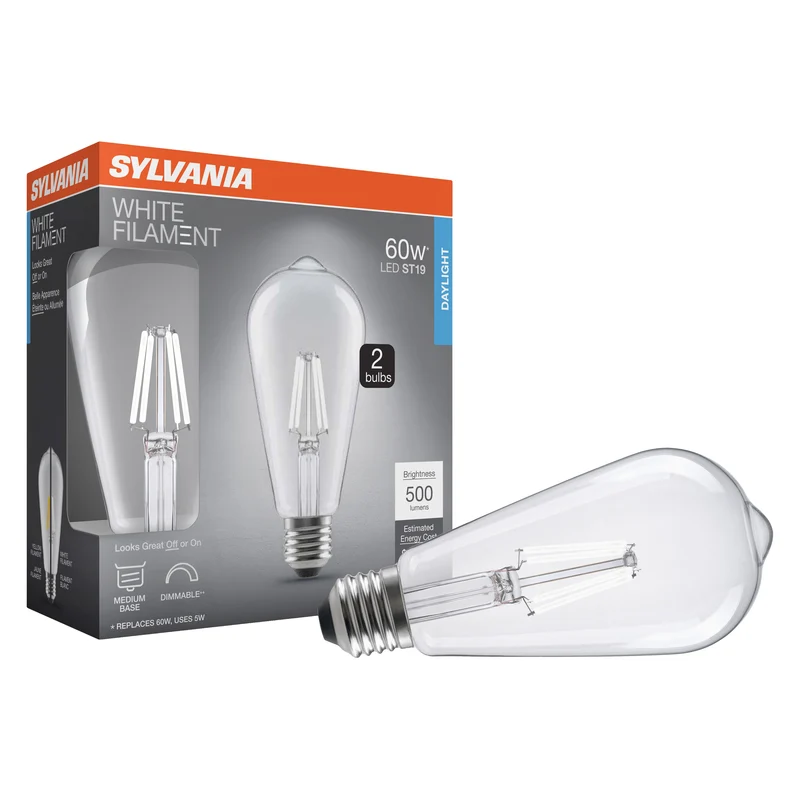 SYLVANIA ST19 Clear LED White Filament Bulb, 5W, Dimmable, 500 Lms, Medium Base, 5000K, Daylight - 2 PK