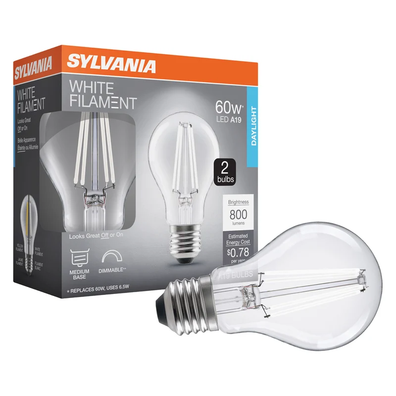 SYLVANIA A19 Clear LED White Filament Bulb, 6.5W, Dimmable, 800 Lms, Medium Base, 5000K, Daylight - 2 PK