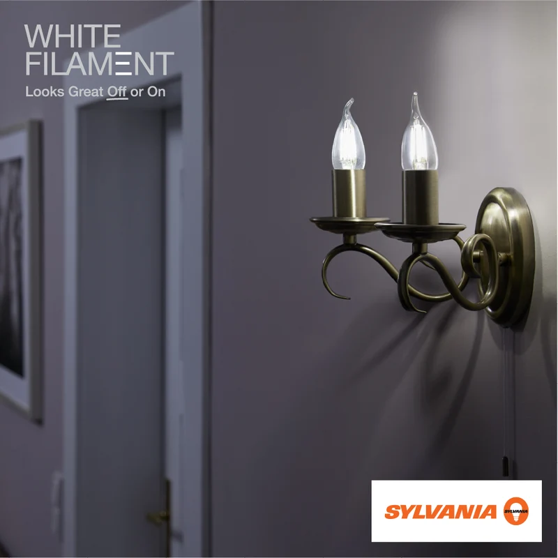 SYLVANIA B10 Clear LED White Filament Bulb, 6W, Dimmable, 500 Lms, Candelabra Base, 2700K, Soft White - 4 PK