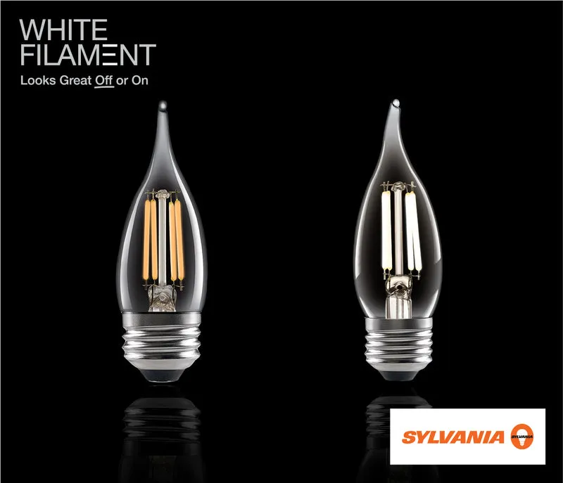 SYLVANIA B10 Clear LED White Filament Bulb, 6W, Dimmable, 500 Lms, Candelabra Base, 2700K, Soft White - 4 PK