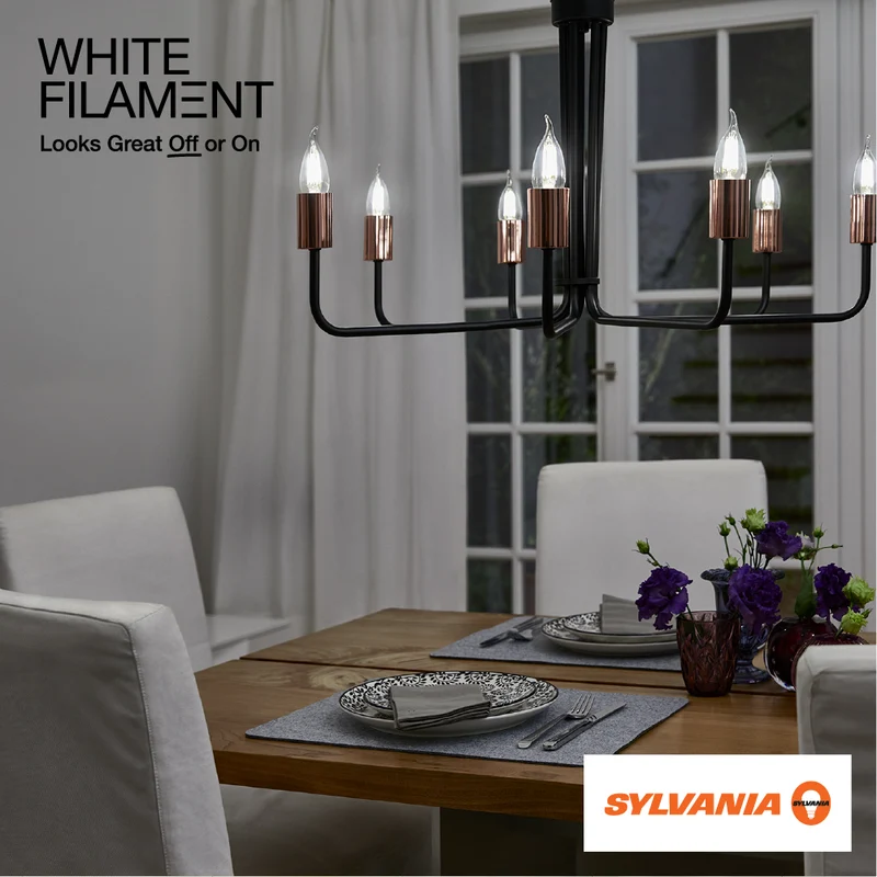 SYLVANIA B10 Clear LED White Filament Bulb, 6W, Dimmable, 500 Lms, Candelabra Base, 2700K, Soft White - 4 PK