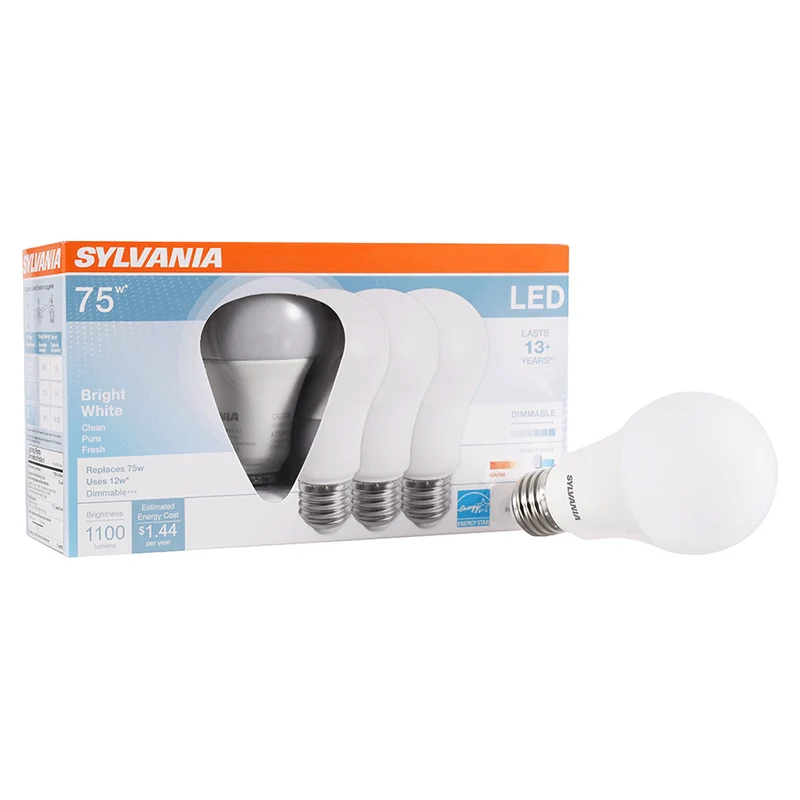 SYLVANIA A19 LED Light Bulb, 75W = 12W, 13 Year, Dimmable, 1100 Lumens, Frosted Finish, Bright White - 4 PK