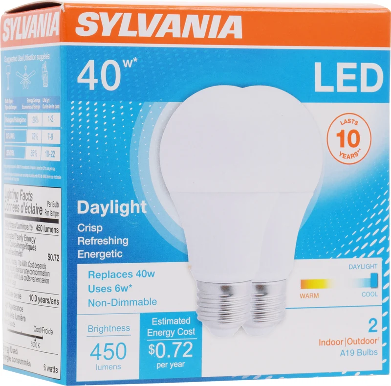 SYLVANIA A19 LED Light Bulb, 40W = 6W, Medium Base, Frosted Finish, 450 Lumens, Daylight - 2 PK