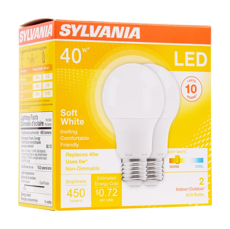 SYLVANIA A19 LED Light Bulb, 40W = 6W, Medium Base, Frosted Finish, 450 Lumens, Soft White - 2 PK