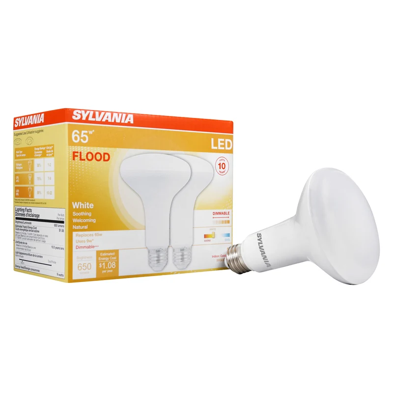 SYLVANIA LED Flood Light Bulb, 65W = 9W, 10 Year, Dimmable, Frosted Finish, White - 2 PK