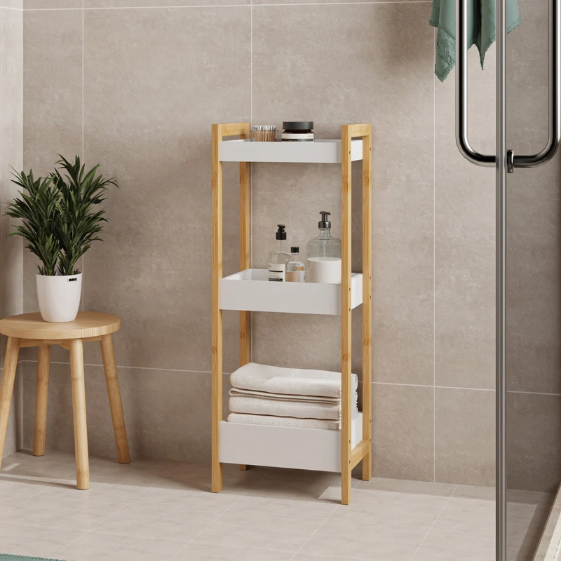 Badregal Anun mit 3 Ebenen 75x28x20 cm Bambus Natur/Weiß [en.casa]