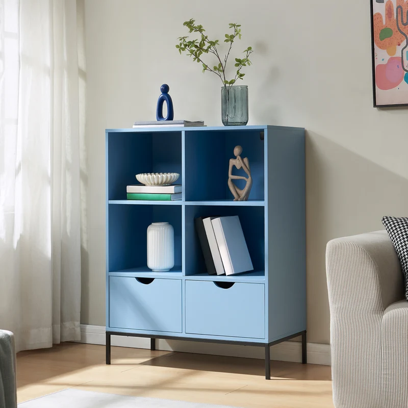 Bücherregal mit 2 Schubladen Colwyn 105x80x40 cm Blau [en.casa]