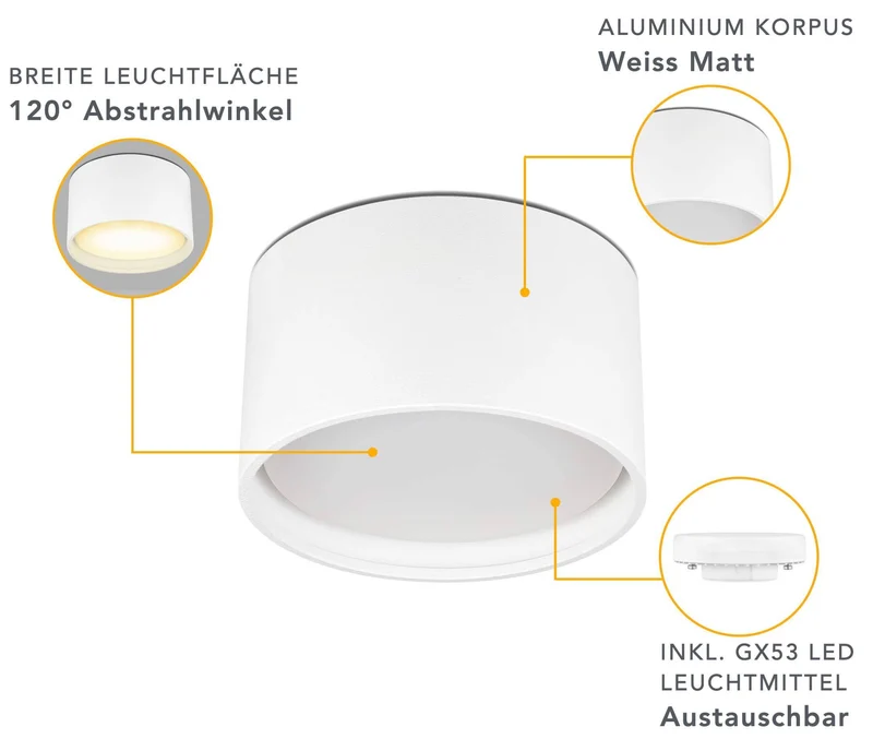 Flache Aufbauleuchte in Weiß rund inkl. LED GX53 6W Dimmbar - Mira