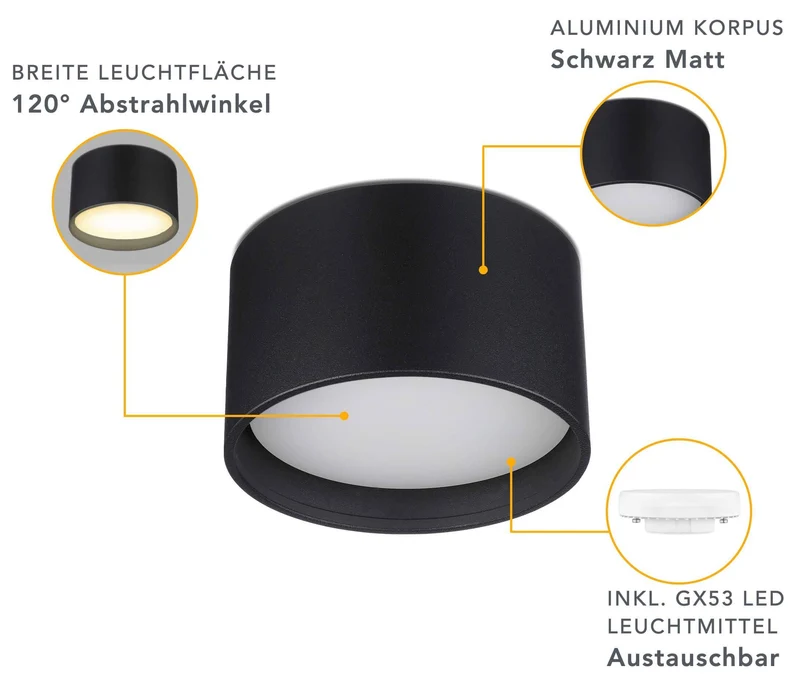 Flacher Aufbaustrahler in Schwarz rund inkl. LED GX53 6W - Mira