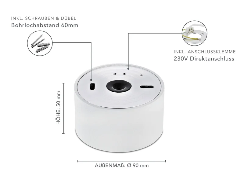 LED Aufbaustrahler IP44 Flach - Weiß mit Chromring 230V 5W Dimmbar 120° - Tablo